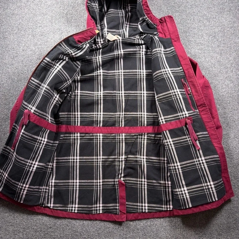 Duluth Trading Co Can-Do Canvas Coat‎ Womens Small Maroon Red Flannel Lined Hood